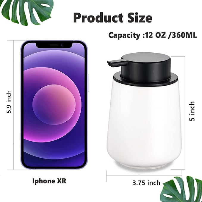 12Oz Foaming Hand Soap Dispenser - White Foam Soap Dispenser Bathroom with Easy-to-Press Pump, Modern Refillable Liquid Lotion Hand Soap Dispenser, Ceramic Dish Soap Dispenser for Kitchen