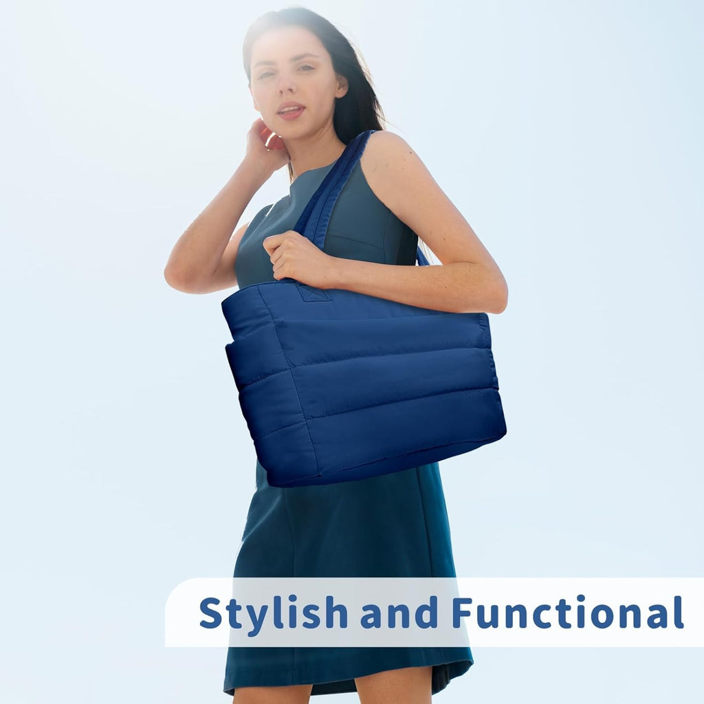 TOPDesign Puffer Tote Bag for Women, Lightweight Puffy Handbag with Compartments, Quilted Shoulder Bag for Work, Travel, Gym