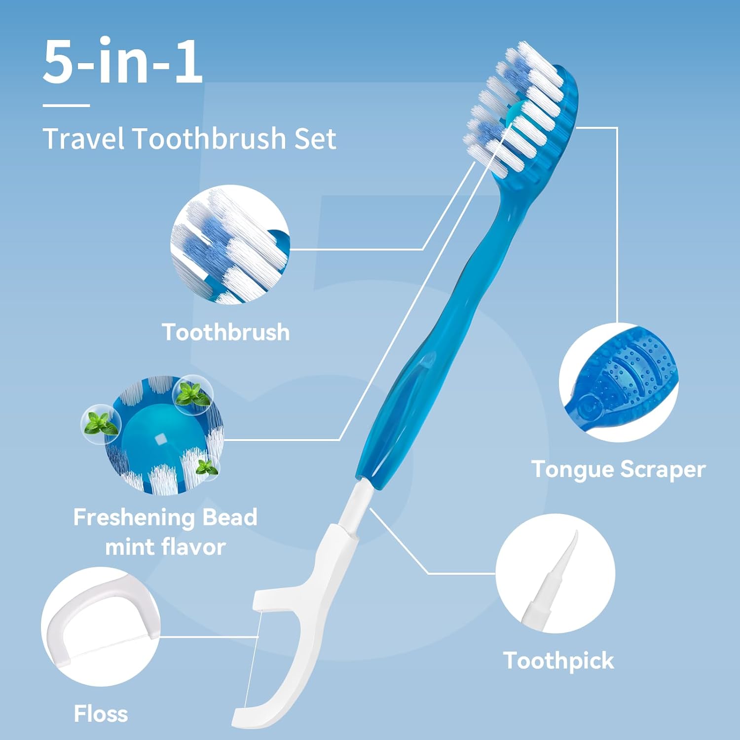 20 Count Disposable Toothbrushes with Toothpaste Individually Wrapped, 5-in-1 Pre-Pasted Mini-Brush+Floss+Pick+Tongue Scraper, On The Go Toothbrush with Freshening Bead, Coolmint