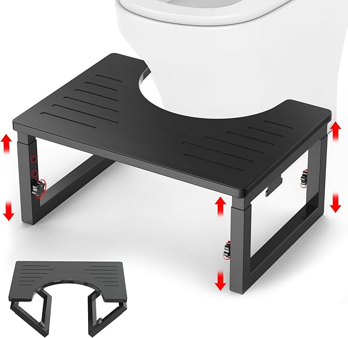 Bamboo Toilet Stool Squat Black, 7 in, 8 in & 9 in Adjustable Heights Pooping Stool for Bathroom Adults Kids, Sturdy Potty Stool with Non-Slip Layer, Improve Squatting Posture, 500 lbs Capacity