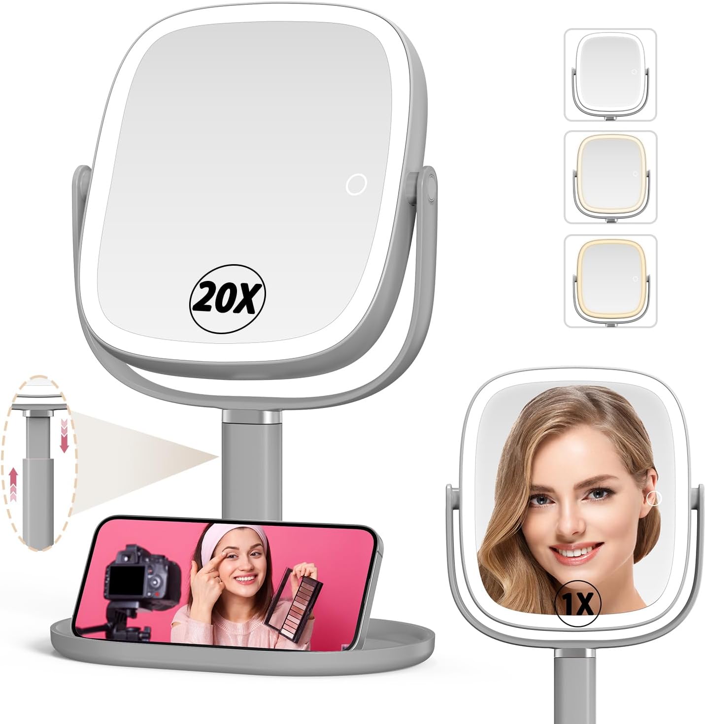 Mocado Makeup Mirror with Lights, 1X/20X Magnifying Mirror with Light, Vanity Mirror with 3 Colors Lights, Height Adjustable Lighted Makeup Mirror, Double Sided 360°Rotation, Memory Function (Grey)