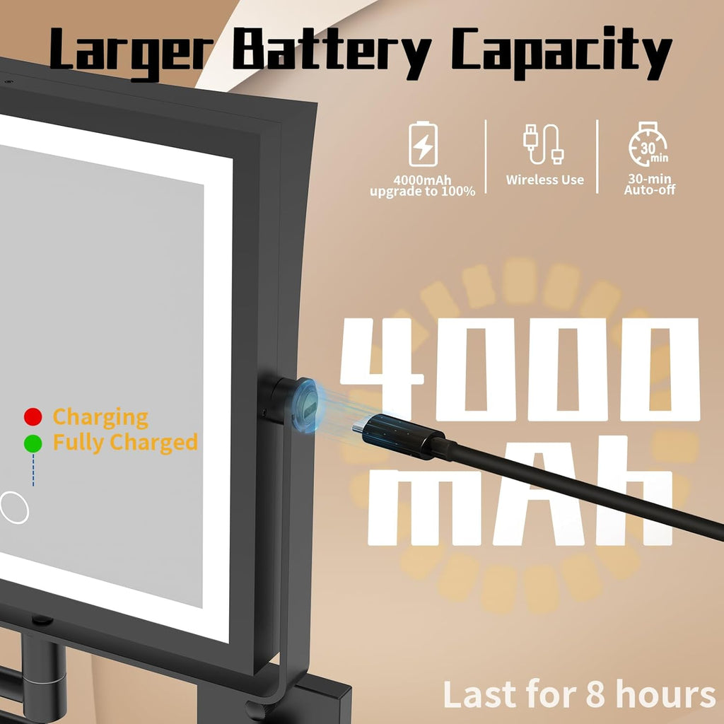 Wall Mounted Makeup Mirror with Lights 4000mAh Rechargeable Double Sided 1X/10X Magnifying Lighted Vanity Mirror with 3 Color Lights & Touch Dimmable 360° Rotation Extension Swing Arm for Bathroom