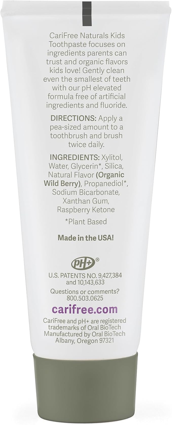 CariFree Naturals Kids Toothpaste | Fluoride-Free, 40% Xylitol, Organic Wild Berry Flavor, pH Elevated, Safe if Swallowed, Sugar-Free, 2.4 oz, Dentist Developed