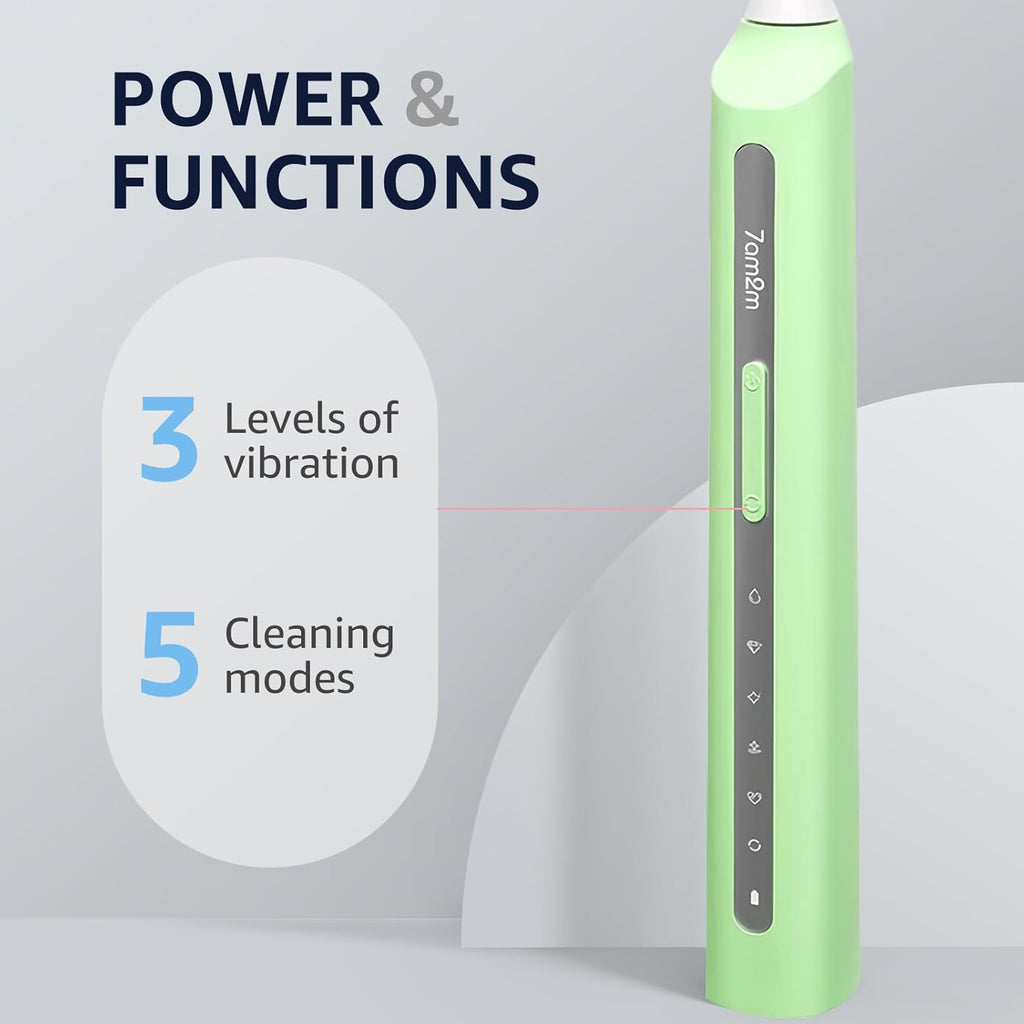 7AM2M Sonic Electric Toothbrush, High Power Rechargeable Toothbrushes, with 8 Brush Heads for Adults and Kids, 15 Adjustable Modes, Built-in 2-Minute Smart Timer, 4 Hours Fast Charge (Light Green)