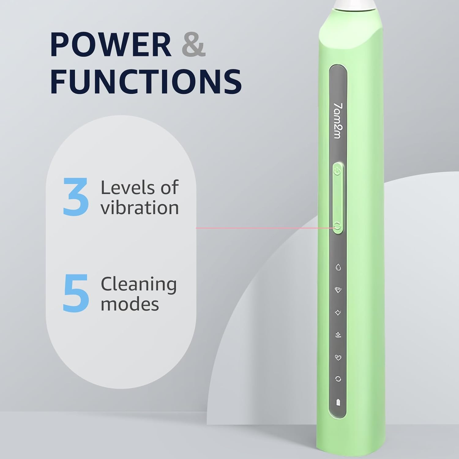 7AM2M Sonic Electric Toothbrush, High Power Rechargeable Toothbrushes, with 8 Brush Heads for Adults and Kids, 15 Adjustable Modes, Built-in 2-Minute Smart Timer, 4 Hours Fast Charge (Light Green)