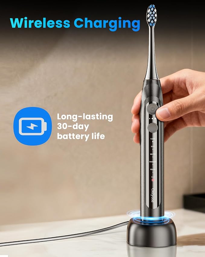 Onlyone Sonic Electric Toothbrush for Adults, Rechargeable Ultrasonic Electric Toothbrush with 8 Brush Heads, Travel Case, Charging Base & Wireless Charging - 5 Modes with Smart Timer