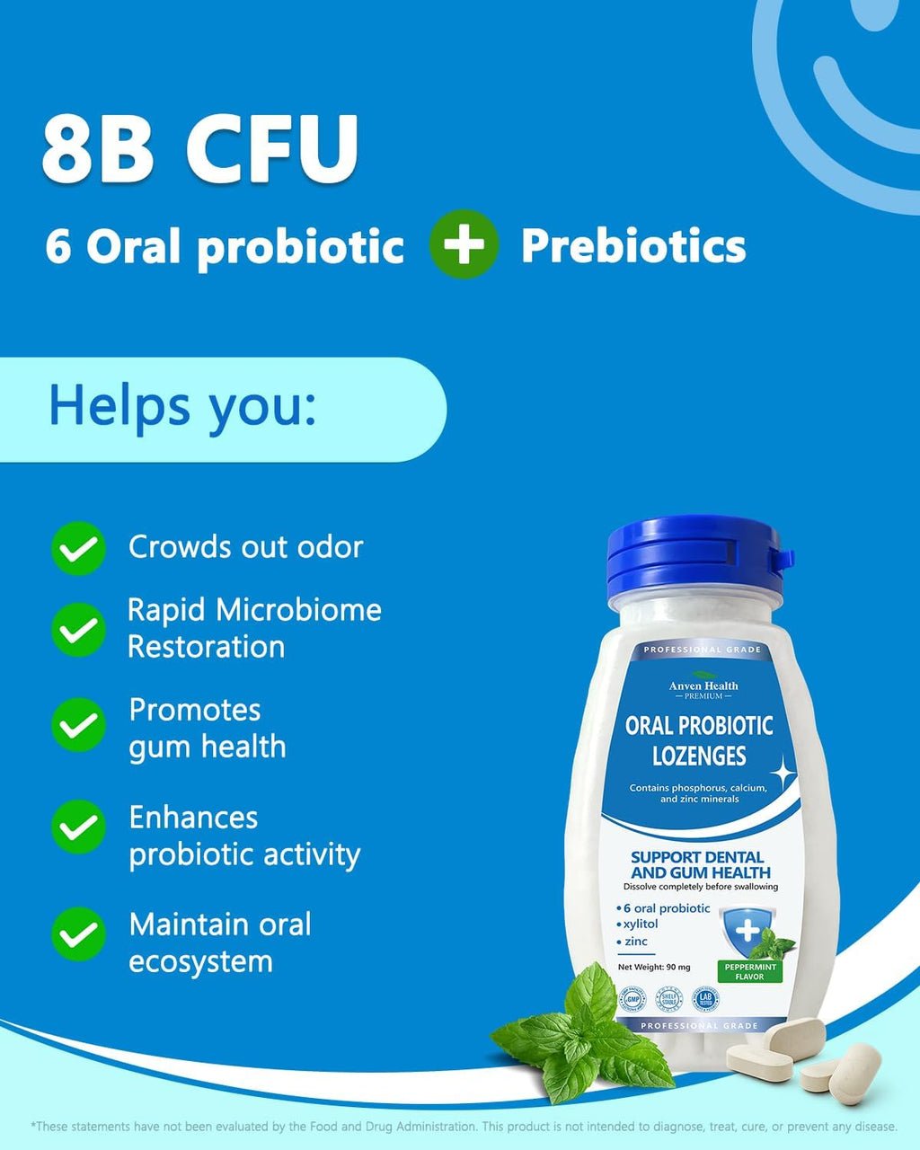 Oral Probiotics Lozenges for Mouth Bad Breath & Gum Repair - Mineral Fusion with Zinc + Calcium for Dry Mouth Relief, Enamel Shield, Mint Flavor with Xylitol - 270 Lozenges, Sugar-free