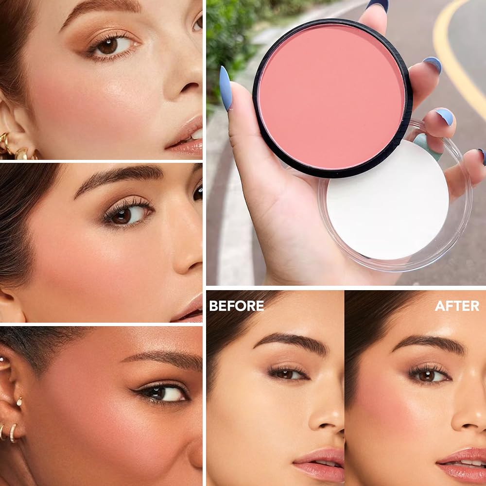 Natural Single Matte for Face Cheeks Blush with Makeup Powder Puff, Nude Skin Monochrome Blush Cream Powder Makeup Palette Blushes Long-lasting Color Blendable Foundation for Women Every Day 03