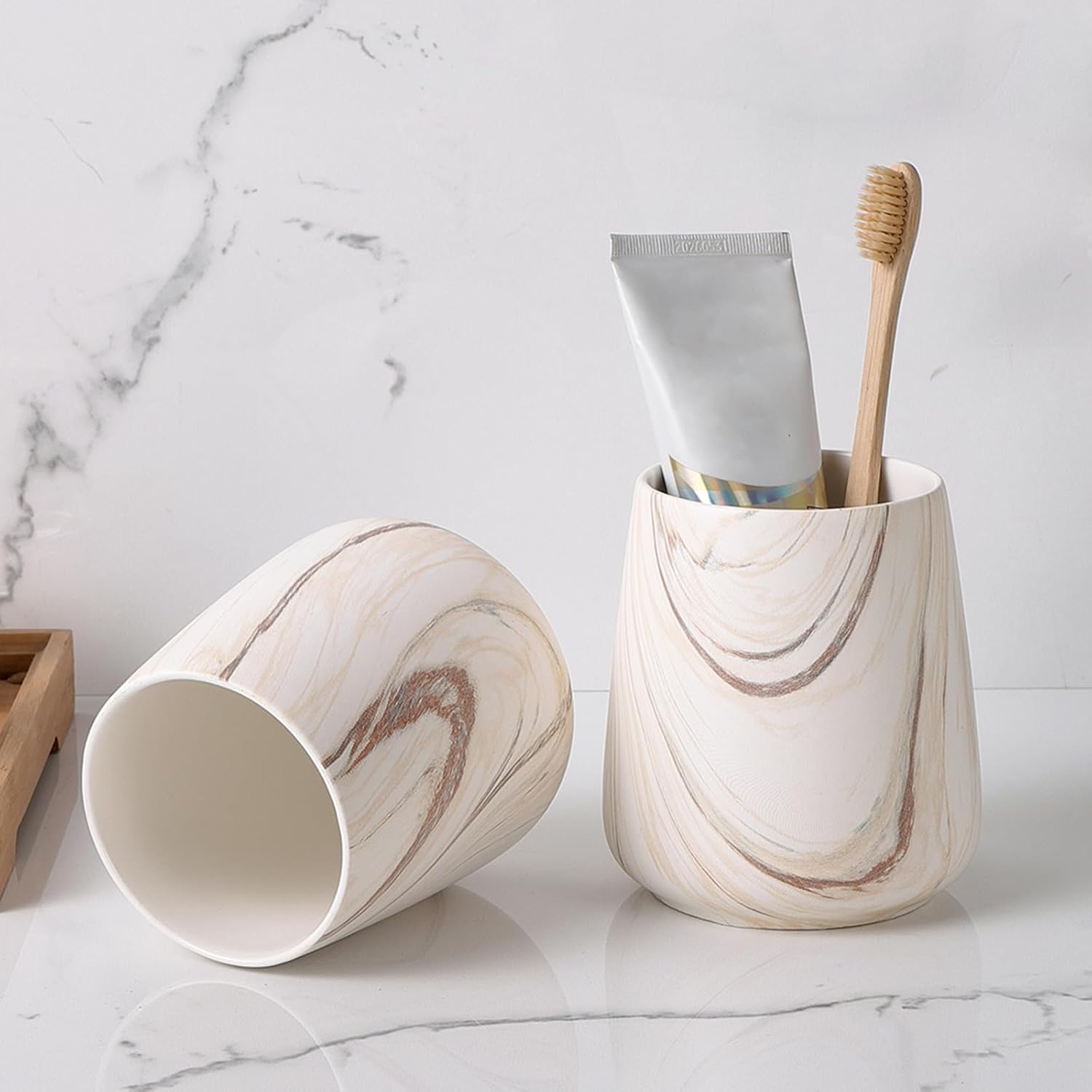Marble Brown Toothbrush Holder for Bathroom - Ceramic Tooth Brushing Holders, Toothbrush Cup, Toothpaste Organizer for Bathroom Countertop, Makeup Brush Holder, Pen Holder for Home Desktop Storage