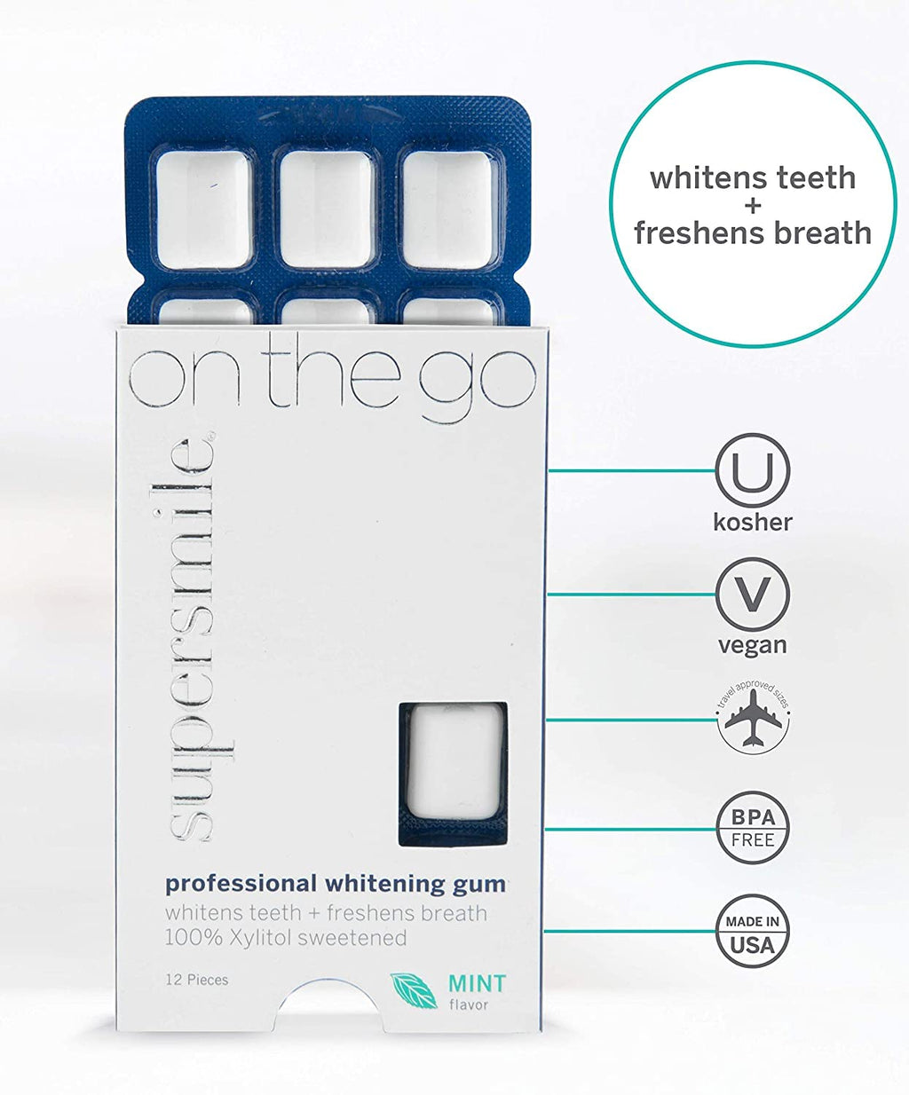 Supersmile Professional Teeth Whitening Gum – 100% Xylitol Sweetened Formula Removes Stains from Coffee – Sugar Free, Vegan, Kosher, 12 Count