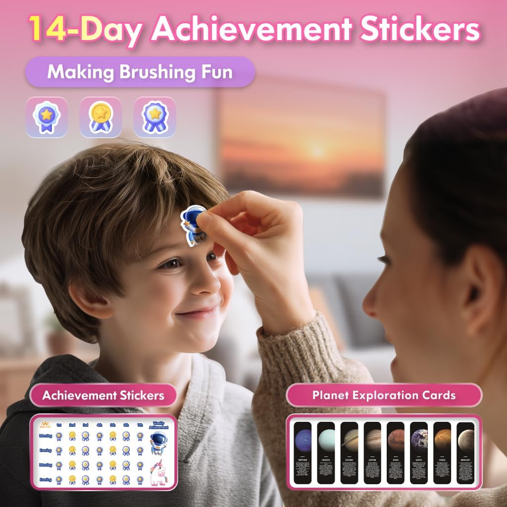 Kids Toothbrush Electric Girls Electric Toothbrush Rechargeable Age 3-5-6-12-18 Year Old, 3 Modes 4 Vibrating Heads Habit-Forming Stickers 31000VPM Girls Toothbrush (Unicorn Pink)