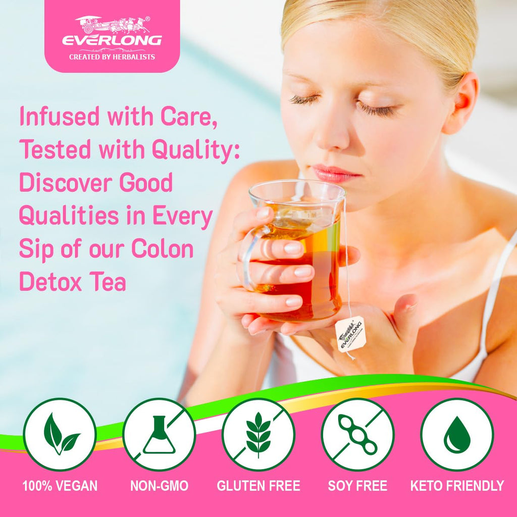 EVERLONG Colon Detox Tea - Dandelion Leaf with Senna, Gynostemma, Lotus Leaf, Spearmint for Colon Cleanse and Digestive Health, Promote Regularity - 14 Herbal Tea Bags, All Natural, Caffeine-Free