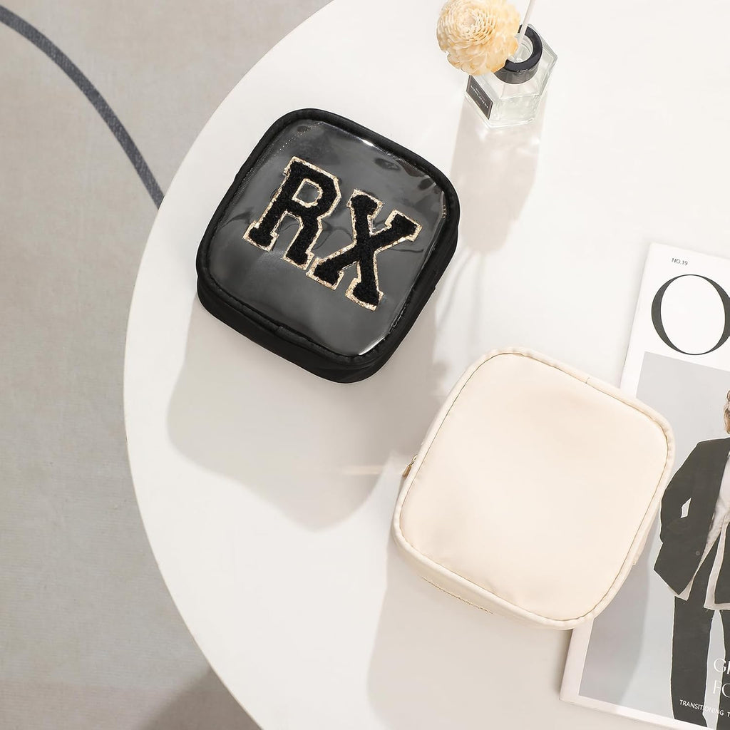 Small Chenille Letter Clear Medicine Makeup Bags,Nylon PVC Waterproof Rx Pouch with Metal Zipper, Cute Drug First Aid Travel Organizer for Women Girls(05Black)