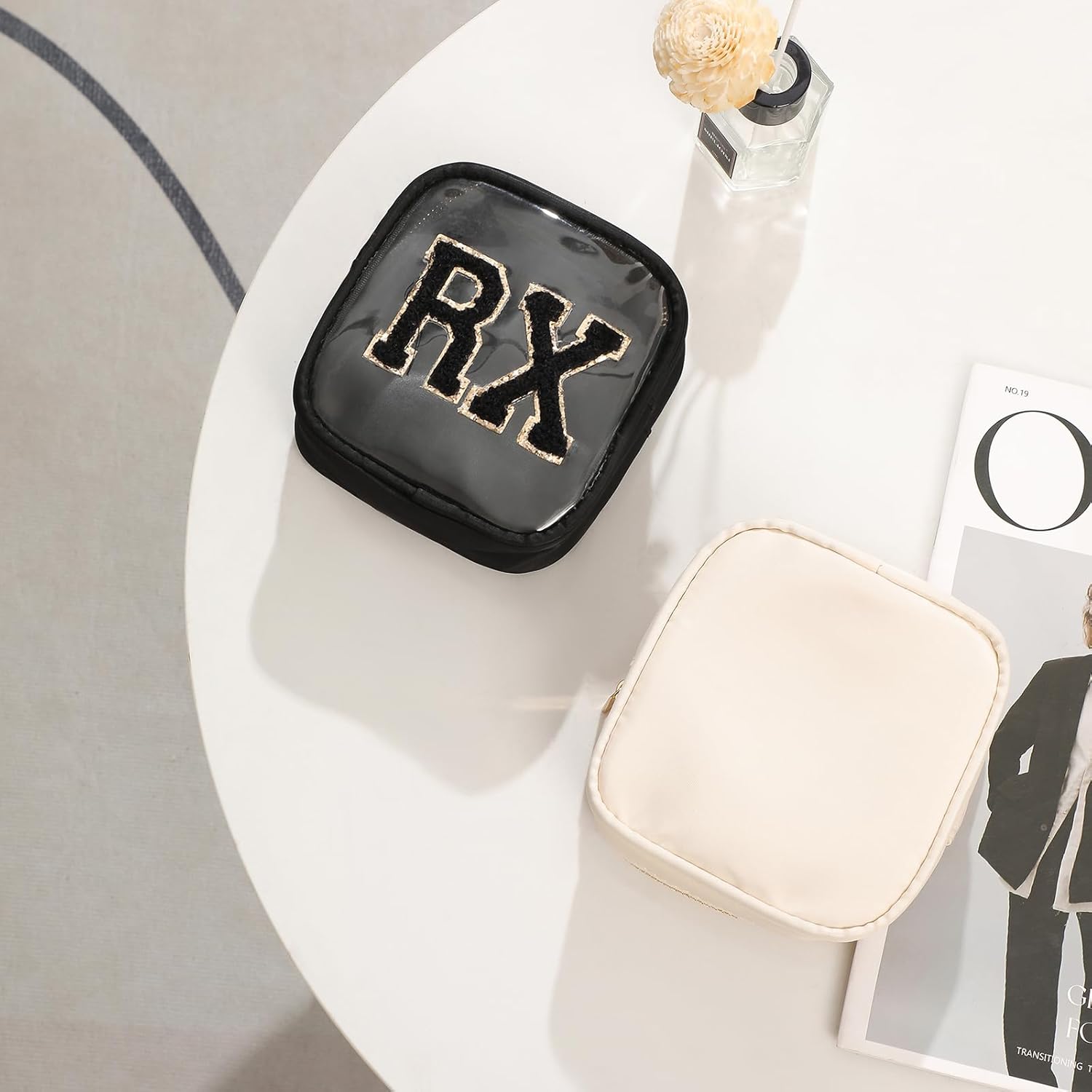 Small Chenille Letter Clear Medicine Makeup Bags,Nylon PVC Waterproof Rx Pouch with Metal Zipper, Cute Drug First Aid Travel Organizer for Women Girls(05Black)