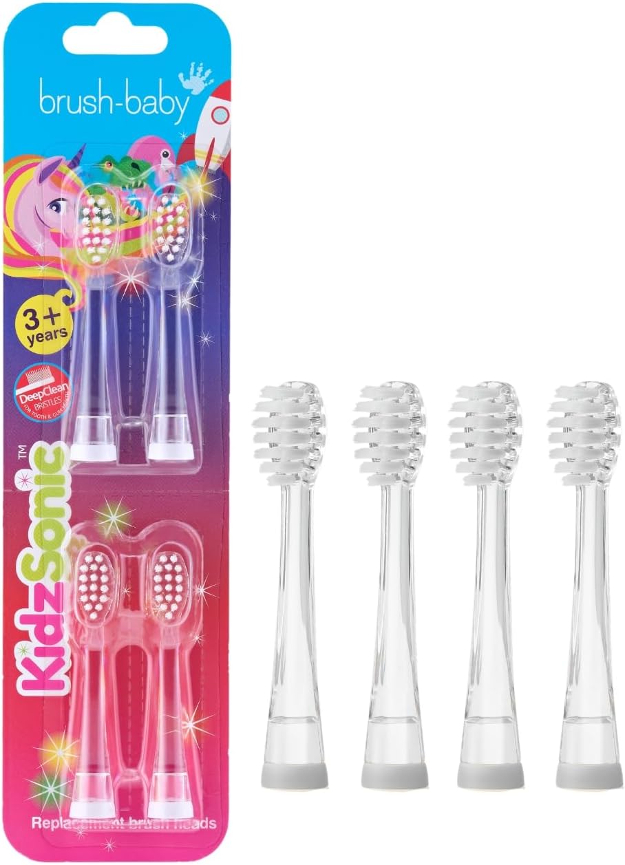Brush-Baby - Kids Replacement Brush Heads for KidzSonic Electric Toothbrushes, 3+ Years - DeepClean Replaceable Toothbrush Heads with LED - Pack of 4