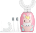 Kids U Shaped Electric Toothbrush 4 Brush Heads, Automatic Sonic Toothbrush Kids 2 Modes, Cartoon Design 360-Degree Cleaning IPX7 Waterproof,Pink