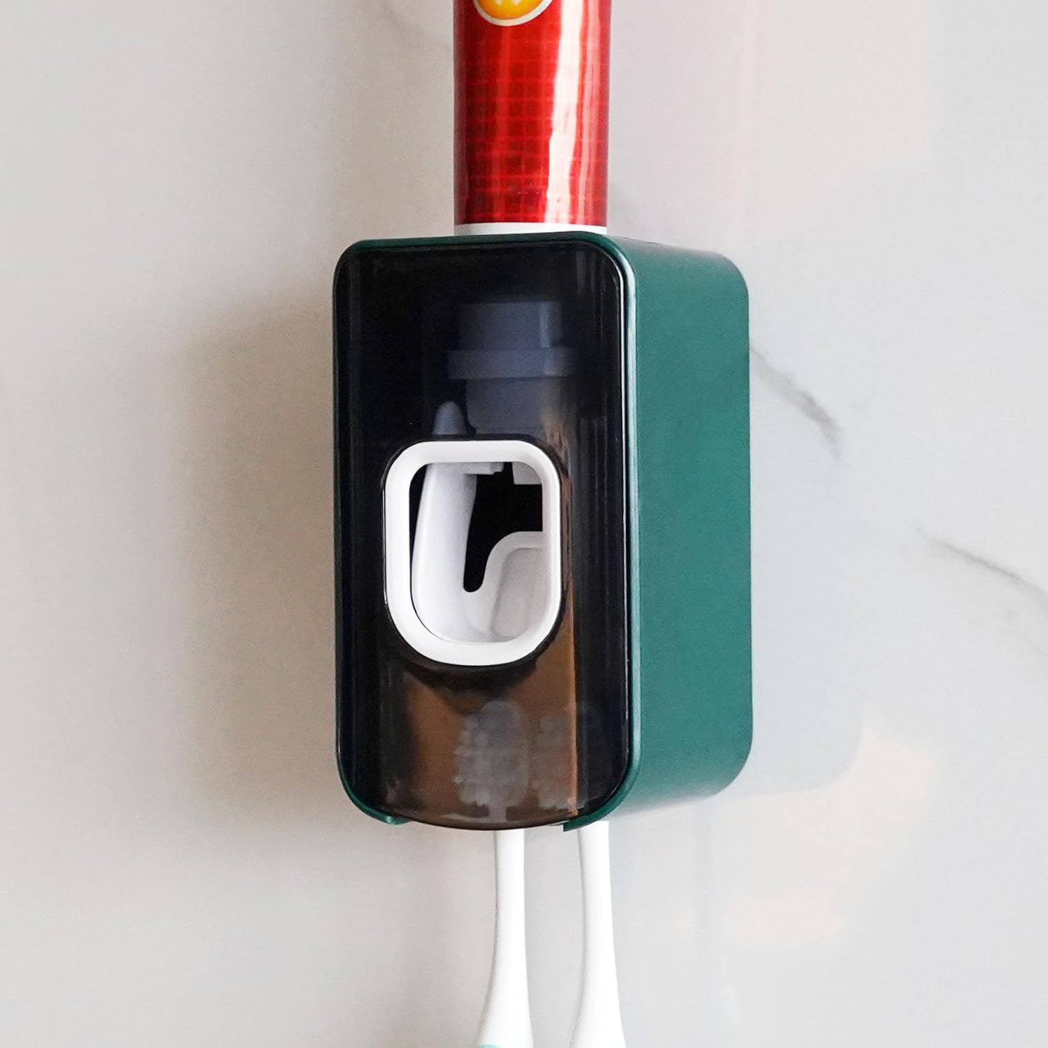 2 Slot Toothbrush Holder and Toothpaste Dispenser Wall Mounted, Automatic Toothpaste Squeezer, 2 in 1 Tooth Brush Toothpaste Organizer for Shower (Green)