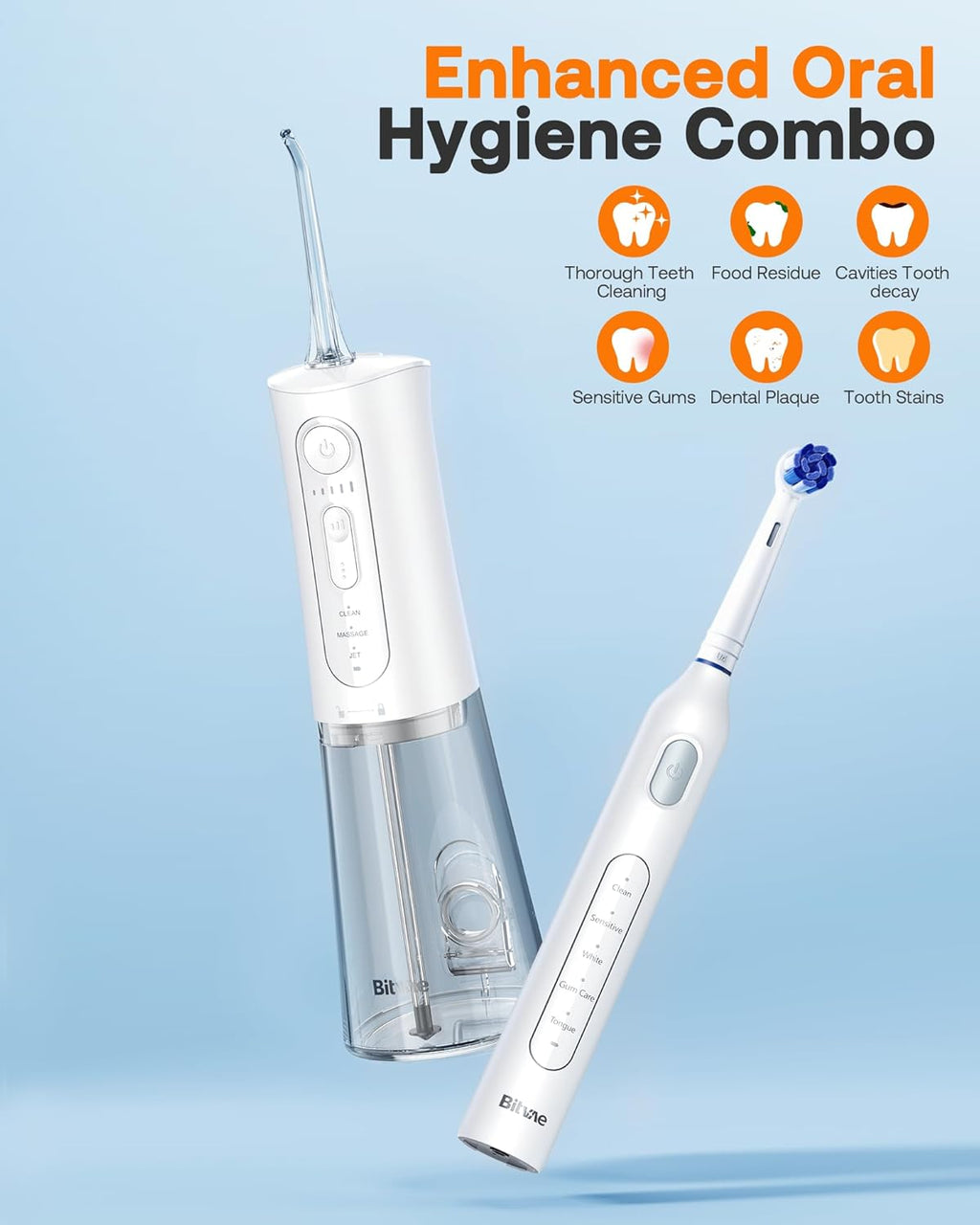Bitvae Water Dental Flosser Teeth Picks, Cordless Water Flosser for Teeth, Braces, Dental Care and Rechargeable Rotary Electric Toothbrush Combo Set, 4 Tips, 4 Brush Heads, Waterproof, White, C5+R1