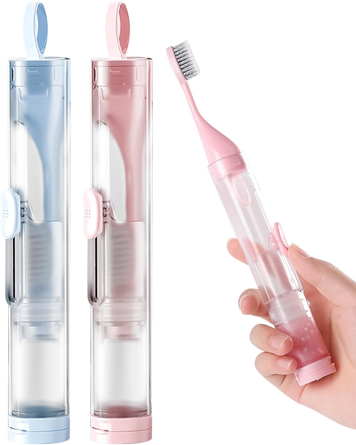2 Pcs Travel Toothbrush Kit Fold Built-in Toothbrushes Set, Soft Bristles for Travel Camping School Business Trip Essential (Blue, Pink)
