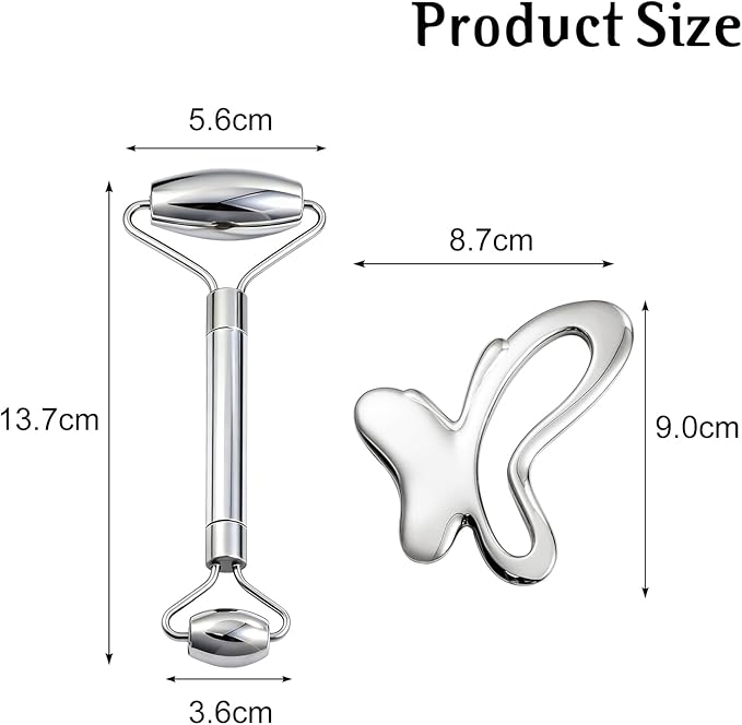 Gua Sha & Face Roller, Stainless Steel Gua Sha Facial Tools,Lymphatic Drainage Massager for Face, Eyes,Chin & Jawline Sculpting,Body Gua Sha Tools with Pouch (Light Silver)