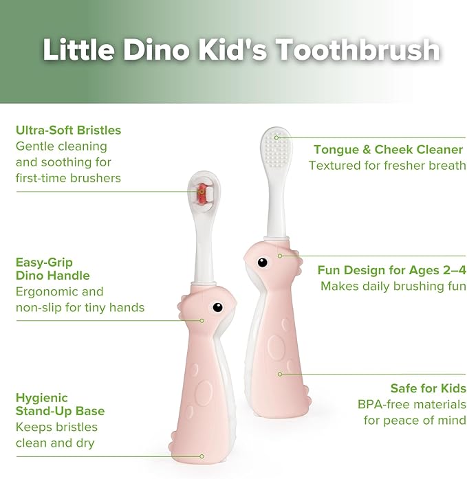 haakaa Dinosaur Toothbrush for Kids 2-4 – Soft Bristles Baby Toothbrush with Silicone Handle, Non-Slip Grip & Tongue Cleaner | BPA-Free, Fun Training for Toddlers - Pink, 2 Counts