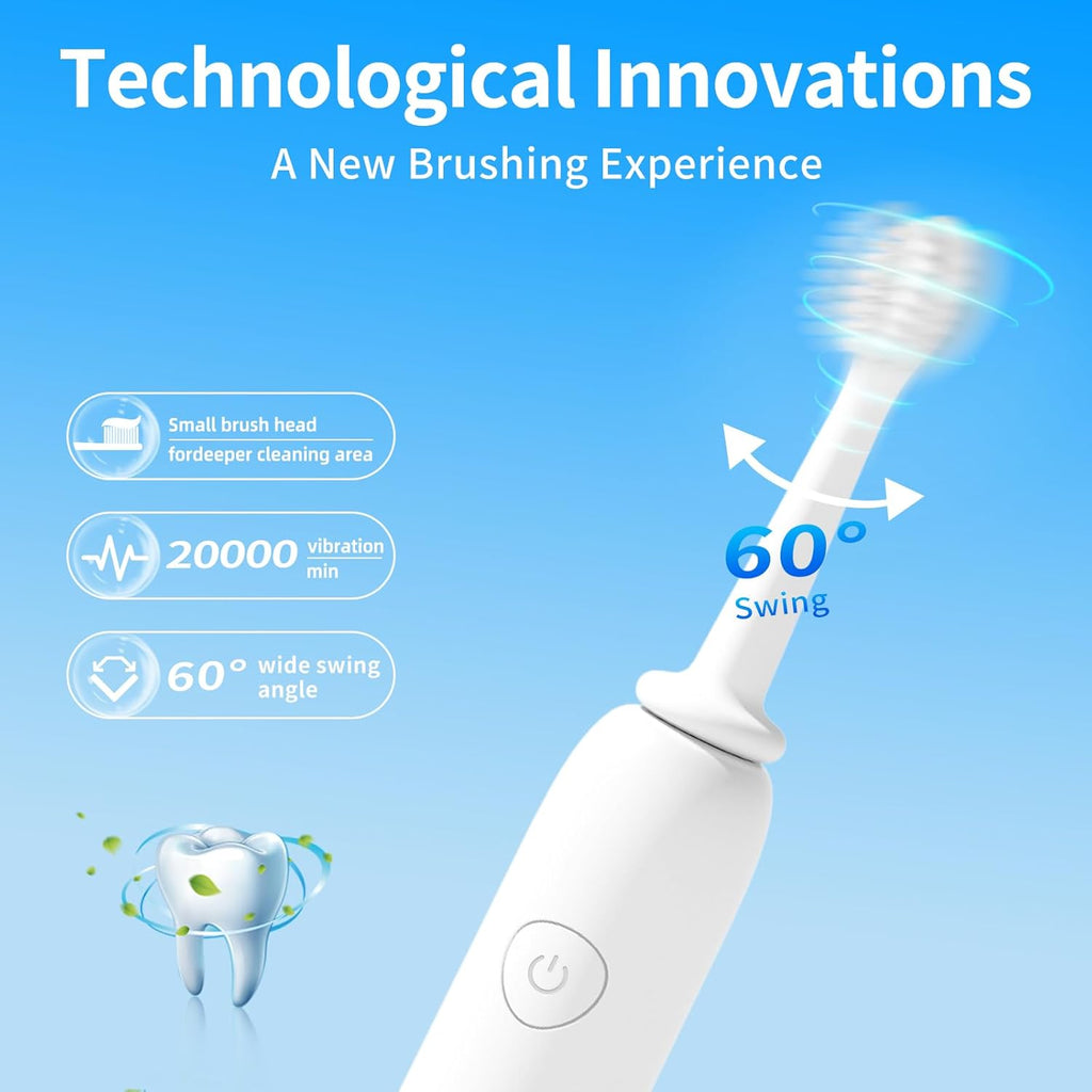 Rooman Oscillation&Vibration Sonic Electric Toothbrush for Adults, with 8 Brush Heads for Travel & Teeth Care, 20000 VPM, 3 Cleaning Modes, 2-Minute Timer, IPX7 Waterproof (White)