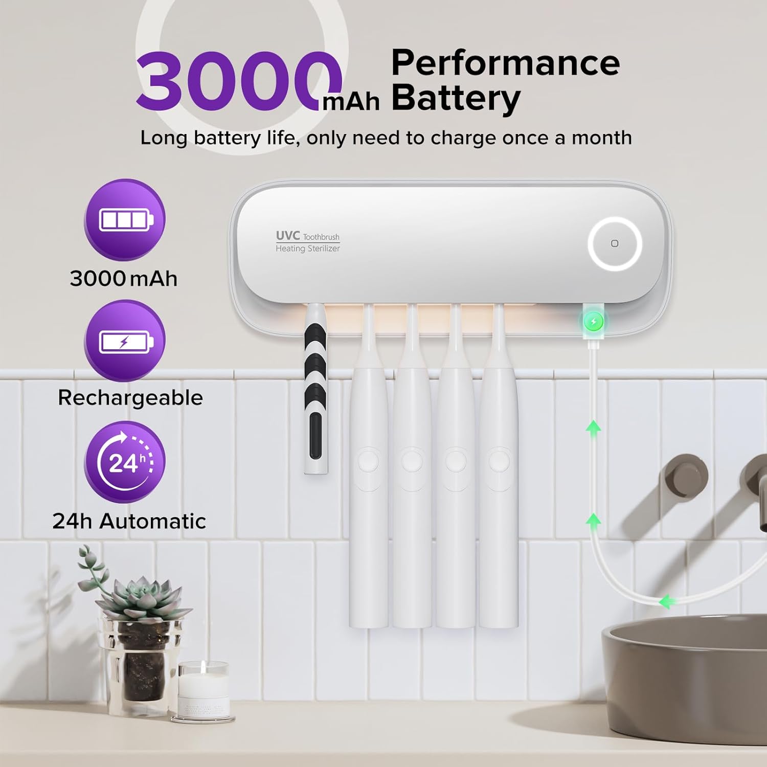 Toothbrush Holders Wall Mounted,5 Slots Tooth Brush Holder for Bathroom,Rechargeable Toothbrush Cleaner with Drying Function,Electric Toothbrush Holder with Cover (White)