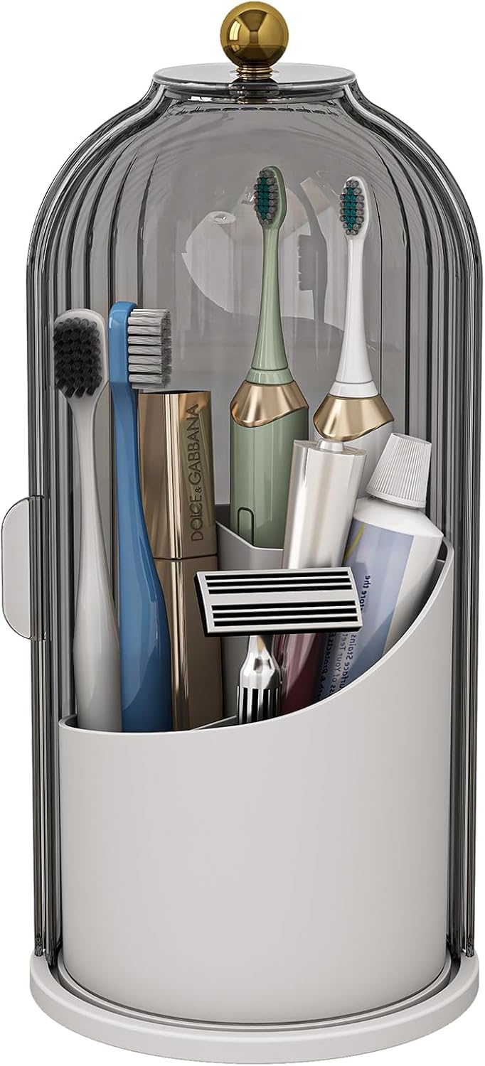 Dustproof Toothbrush Holders with Cover, Rotating Electric Toothbrush and Toothpaste Holder for Bathroom Countertop, 3 Slots Makeup Brushes Organizer, Grey White
