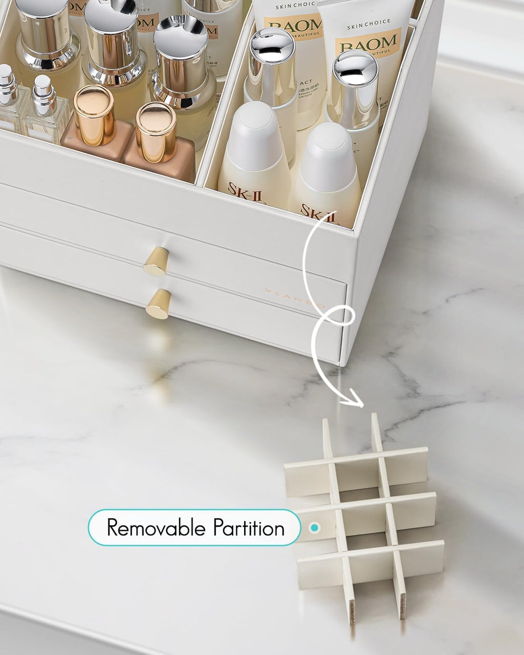 Vlando Makeup Organizer for Vanity,Large Capacity Countertop Organizer with Drawers, PU Leather Cosmetic Display Case for Lipstick,Brushes,Skincare,Nail polish and Bedroom Storage (White)