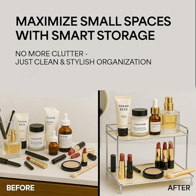 2-Tier Metal Countertop Storage Rack for Perfume, Cosmetics, Makeup, Skincare, and Bathroom Vanity Organizer (Cream)