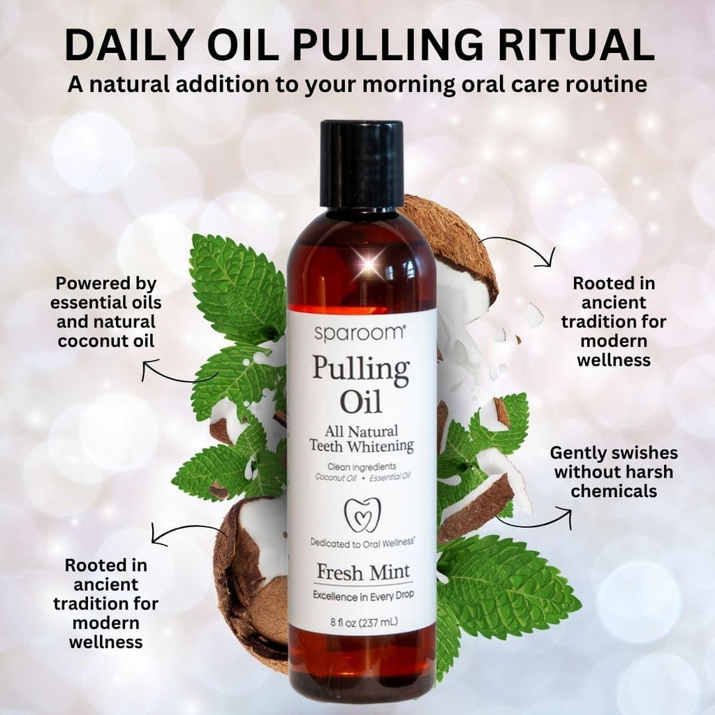 SpaRoom Oil Pulling for Teeth and Gums – Coconut Oil Pulling for Teeth with Tongue Scraper, Fresh Mint Flavor, Natural Mouthwash Alternative for Gum Health, Oral Hygiene, and Breath Support, 8 fl oz