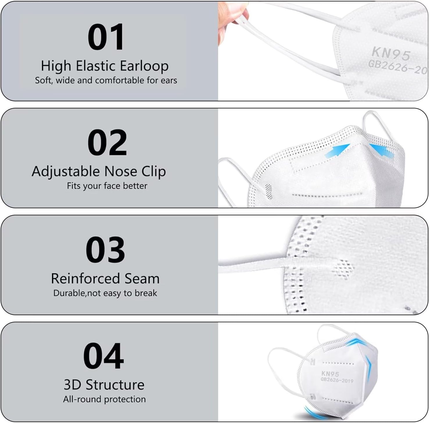 100PCS KN95 Face Masks 5 Layer Filter Efficiency≥95% with Elastic Ear Loop and Nose Bridge Clip Breathable Mask White