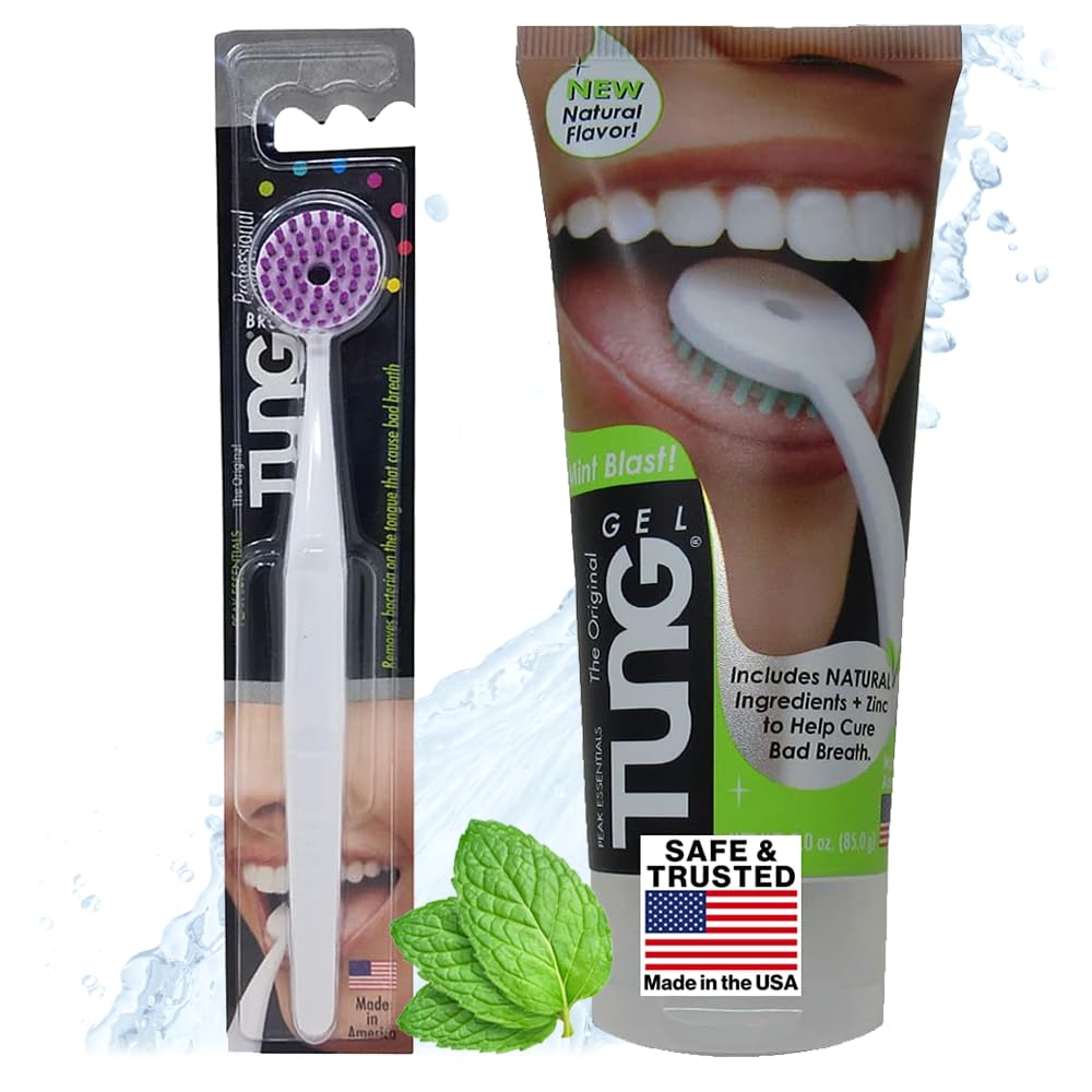 TUNG Tongue Cleaning Kit, TUNG Brush and Natural Mint Blast Gel, Bad Breath Odor Eliminator, Halitosis Defense, USA Made (Set of 1)
