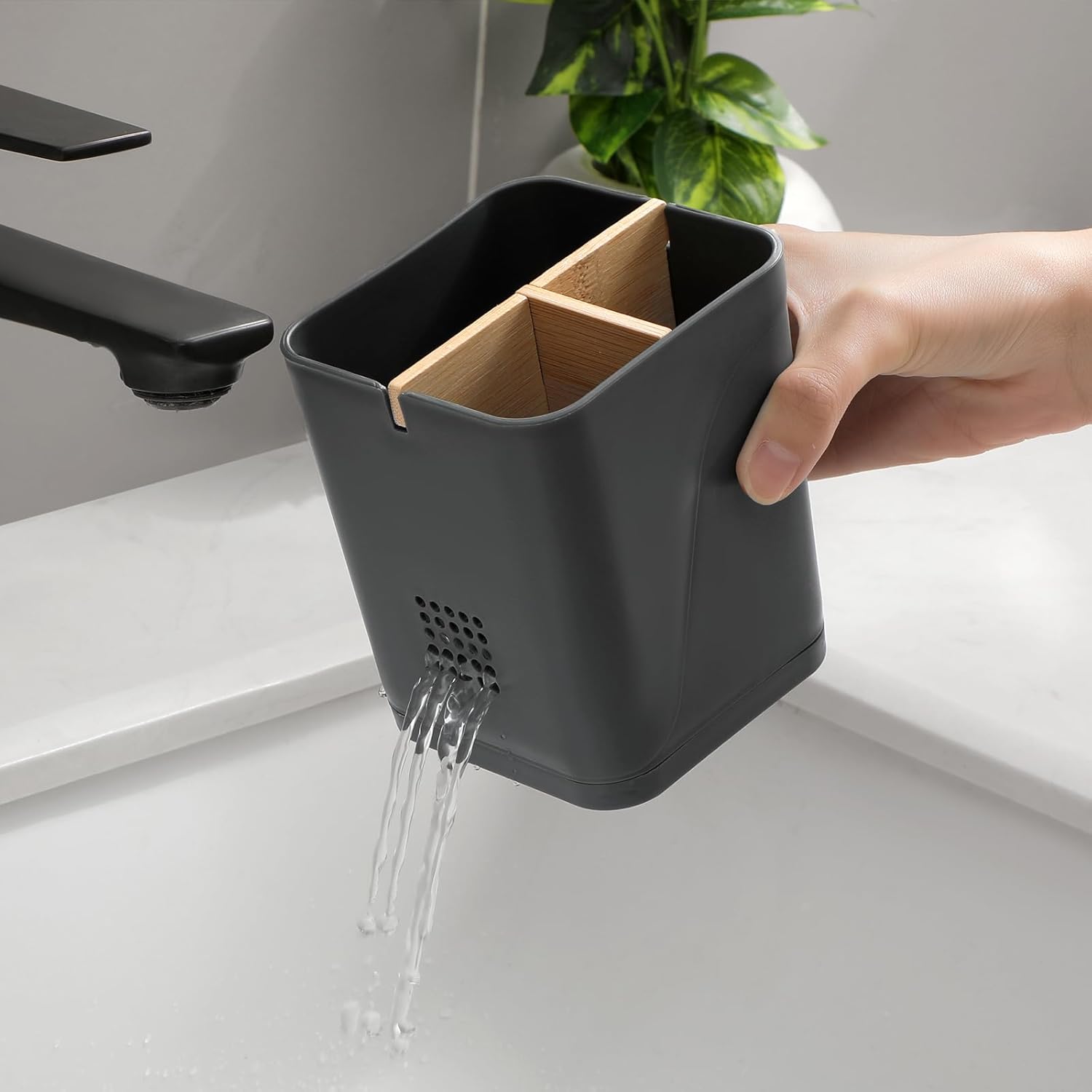 Electric Toothbrush Holder 3 Slots Tooth Brushing Holder with Bamboo Dividers for Bathrooms, Plastic Toothbrush and Toothpaste Organizer for Shower, Countertop, Vanity, Cool Grey