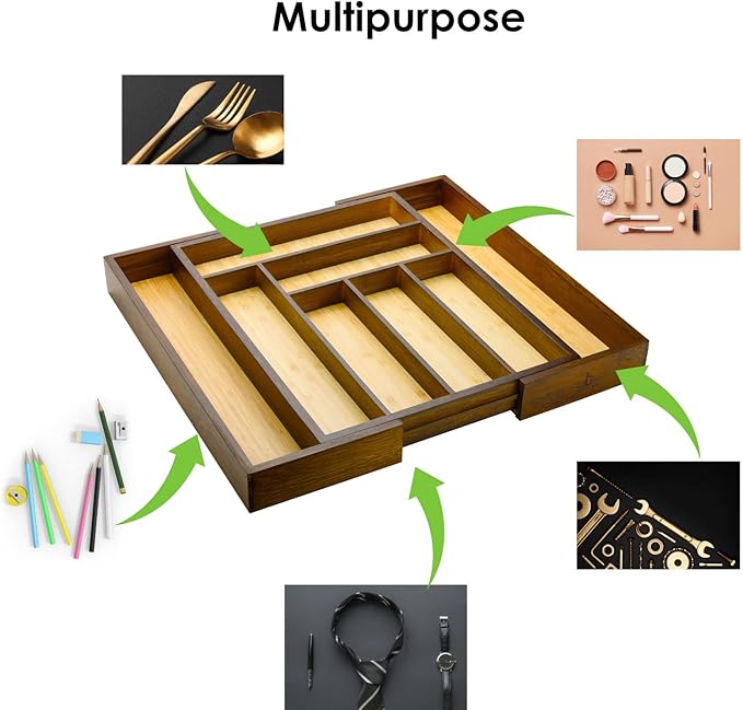 Cozee Bay Bamboo drawer organizer, utensil holder, silverware organizer, and adjustable cutlery tray with drawer dividers, for kitchen, office desk, and bathroom storage (Vintage Brown)