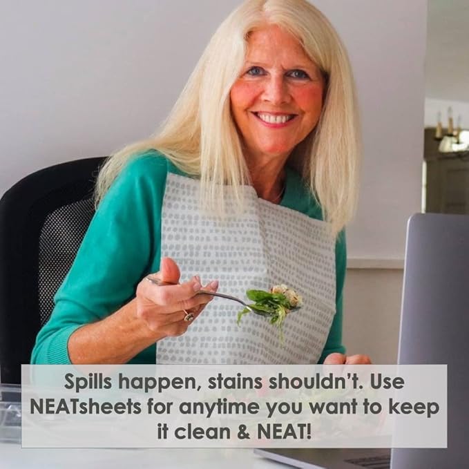 Disposable Bibs for Adults, Kids & Seniors | Adhesive Tab Napkins for Eating, Personal Use, Travel & Commuting | Spill Absorbent, Stain/Liquid Repellent | Grey Dot, 4 Count