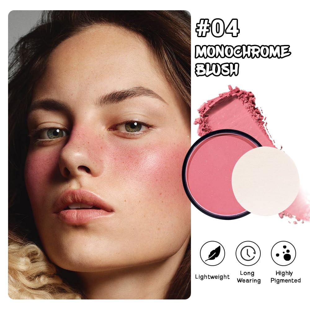 Natural Single Matte for Face Cheeks Blush with Makeup Powder Puff, Warm Orange Red Monochrome Blush Cream Powder Makeup Palette Blushes Long-lasting Blendable Foundation for Women Every Day 04