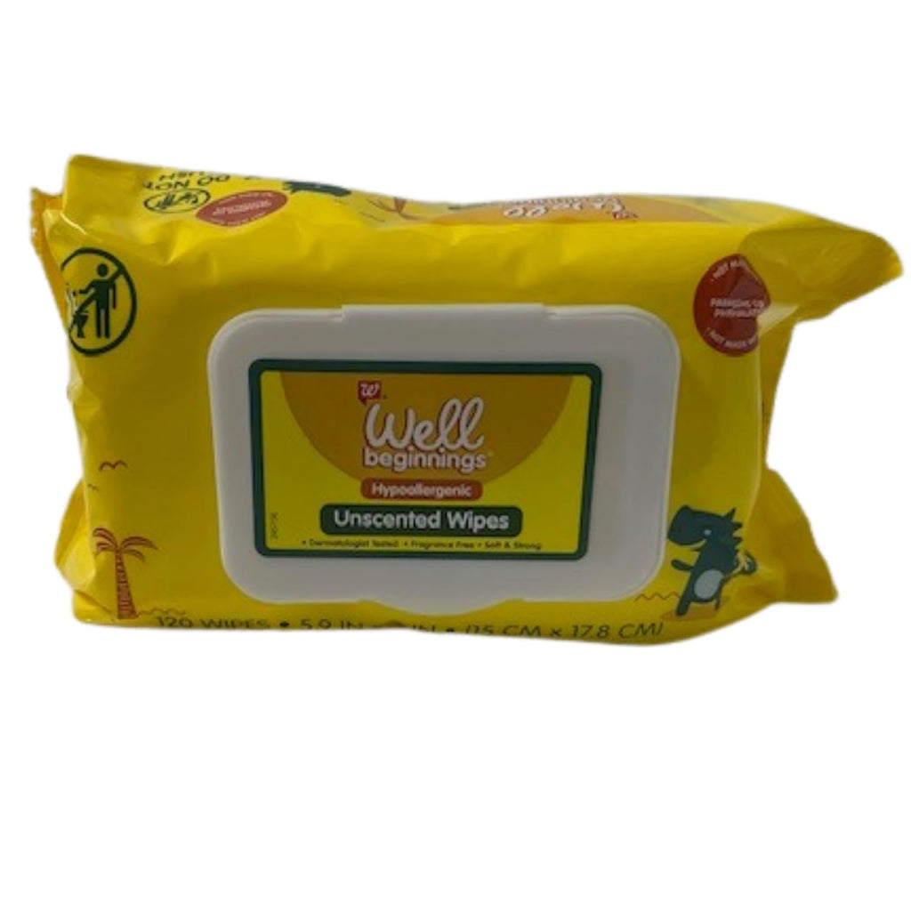 Pack of 5 Well Beginnings Hypoallergenic Unscented Wipes Dermatologist Tested Fragrance Free Soft & Strong, 120 Wipes