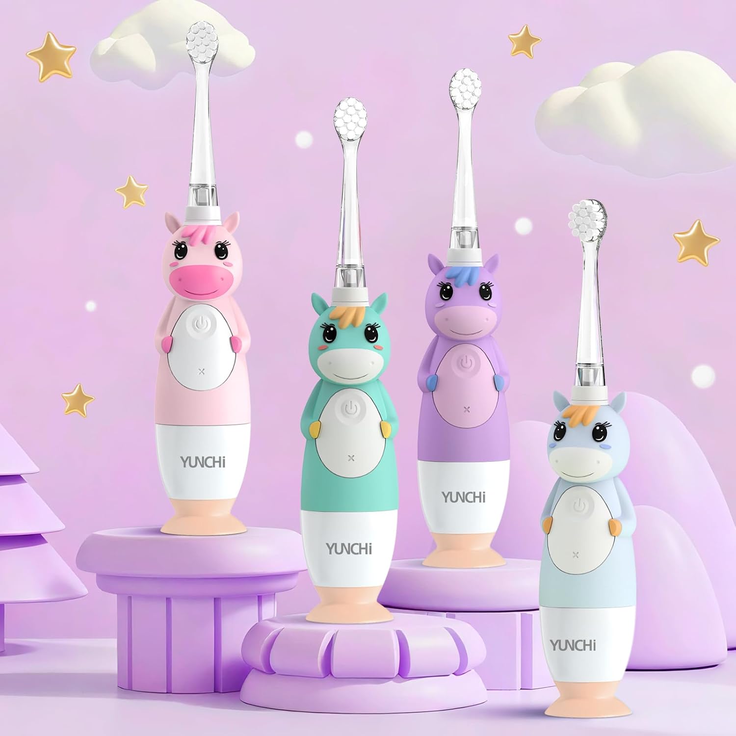 YUNCHI Toddler Electric Toothbrush Kids 0-3-6 Years, Baby Electric Toothbrush with Colorful LED Light, Battery Powered Toddler Toothbrush with 2 Minutes Timer 4 Brush Heads, Infant Toothbrush (Purple)