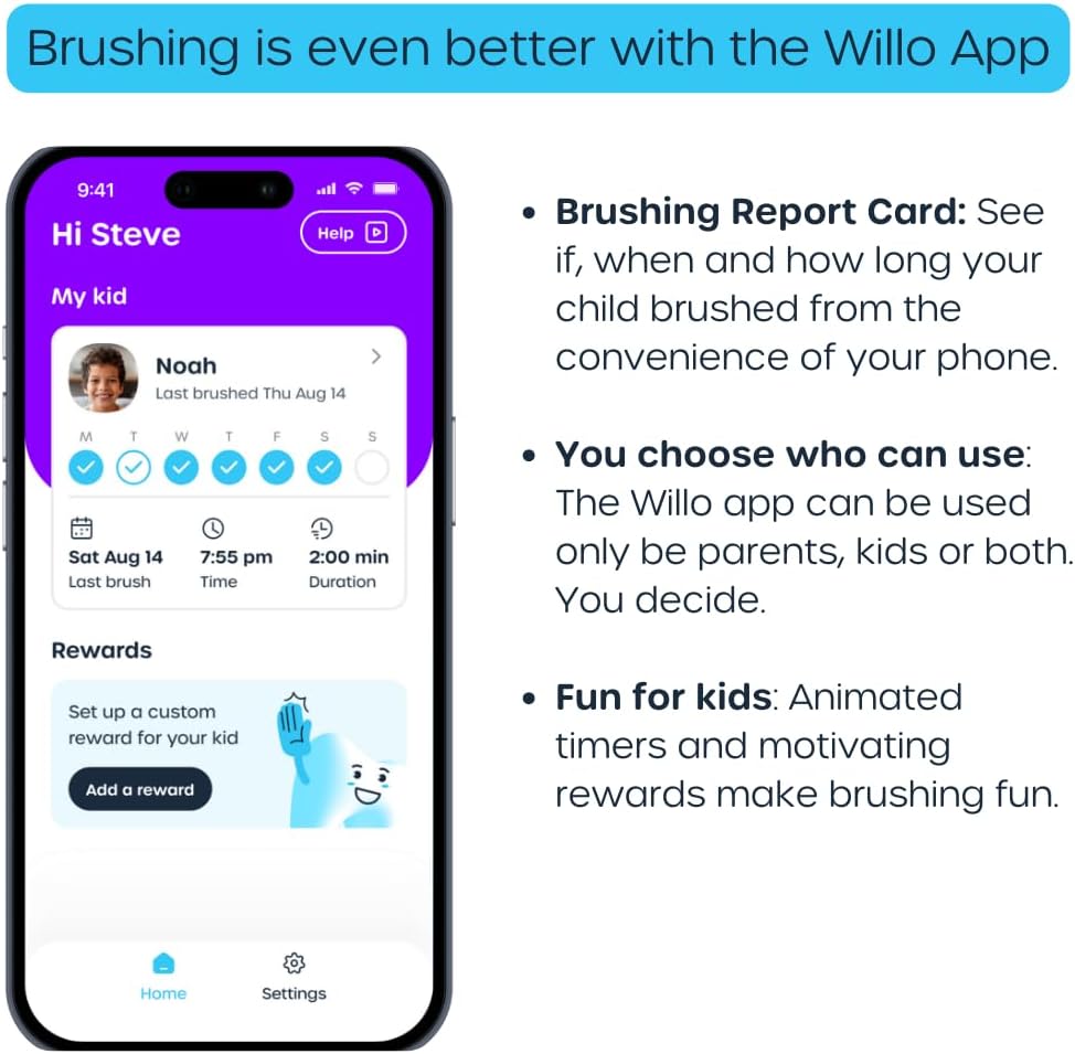 Willo Fully Automatic Kids U-Shaped Electric Toothbrush - 2 Brushing Timers, Deep-Cleans, Consistent Results, Eliminates Brushing Mistakes - Berry Splash (Small - Kids Ages 5-7 Years)