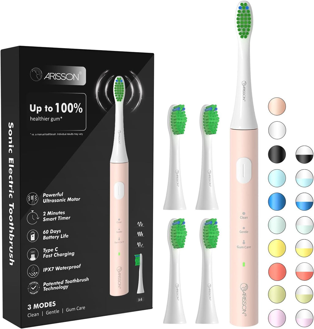 ARISSON Sonic Electric Toothbrush for Adults and Kids, 40,000 VPM Power Toothbrush, 1.5H Fast Charge Ultrasonic Electric Toothbrushes with 2 Minutes Smart Timer, White on Desert Sand