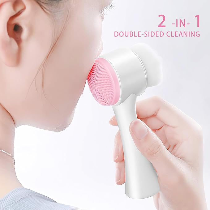 2 Pcs Face Washing Brushes, 2 in 1 Silicone Facial Cleansing Brush with Super Soft Bristles, Silicone Scrubber Face for Deep Pore Cleansing, Massage, Exfoliator, Skincare Makeup Removal(Pink, Blue)