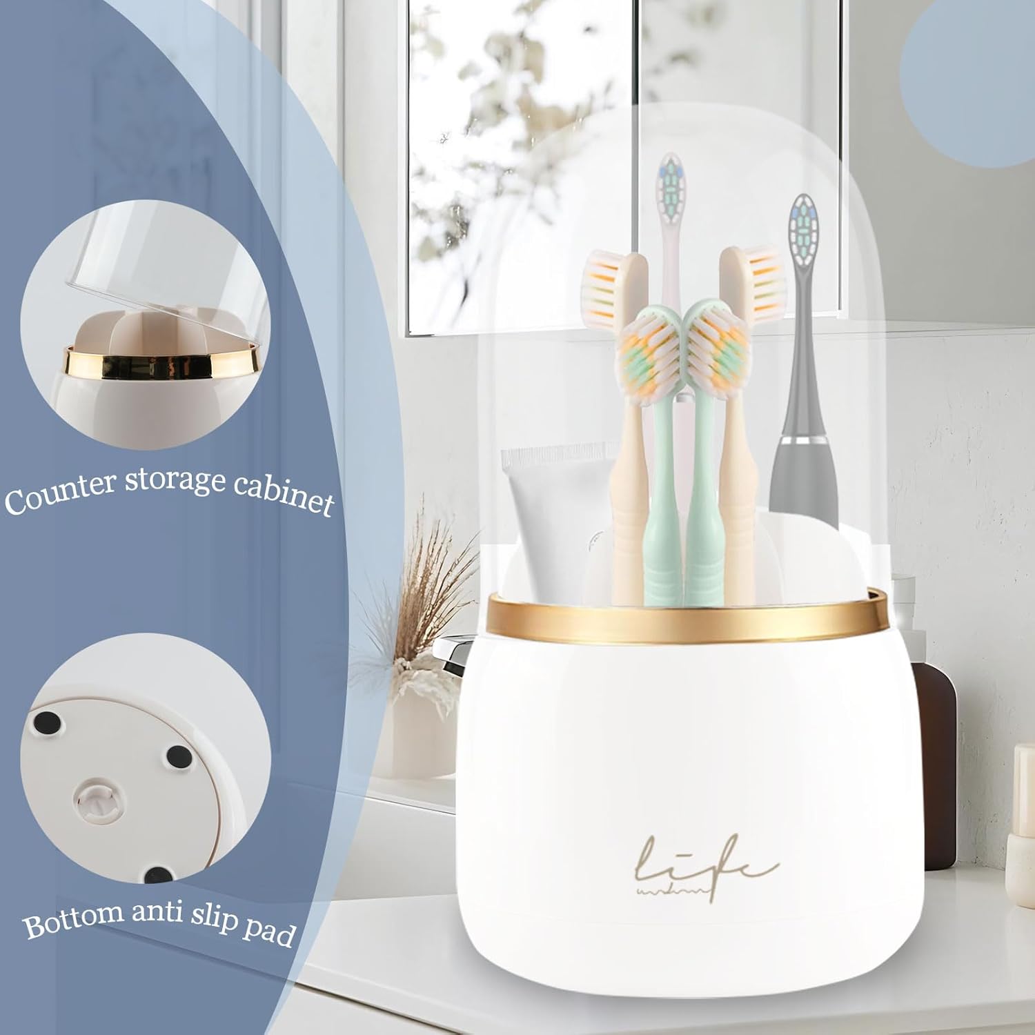 Toothbrush Holders for Bathrooms, 360° Rotating with Cover and Draining Water,Tooth Brush Toothpaste Holder Bathroom Counter Stand Sink Organizer Caddy for Vanity Makeup Brushes Holder