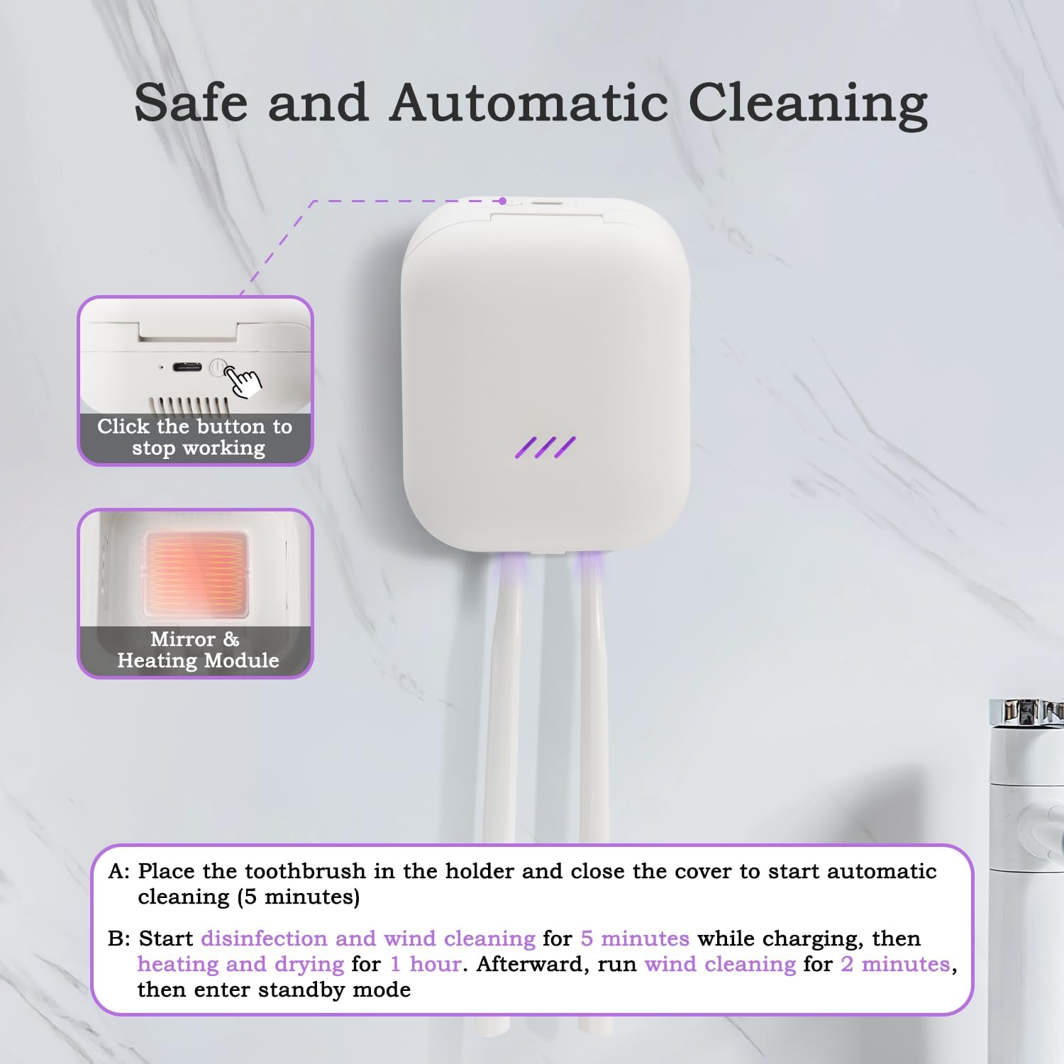 Toothbrush Holder, Toothbrush Cleaner Case, Portable USB Charging Toothbrush Cover with U V-C Light, Travel Toothbrush Holder (White-Double)