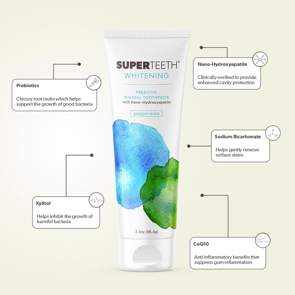 SuperTeeth Whitening Nano Hydroxyapatite (nHAp) Toothpaste for Adults & Kids | Sodium Bicarbonate | Fluoride-Free | Remineralizing | Xylitol | CoQ10 | Prebiotic | Mint | SLS-Free | Made in USA