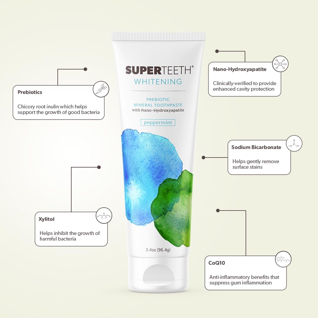 SuperTeeth Whitening Nano Hydroxyapatite (nHAp) Toothpaste for Adults & Kids | Sodium Bicarbonate | Fluoride-Free | Remineralizing | Xylitol | CoQ10 | Prebiotic | Mint | SLS-Free | Made in USA
