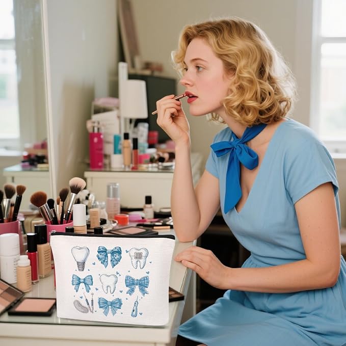 Dental Hygienist Makeup Bag, Dental Gifts for Women, Dental Assistant Cosmetic Pouch, Waterproof Linen Dental Hygiene Gifts, Dentist Appreciation Travel Organizer Bag