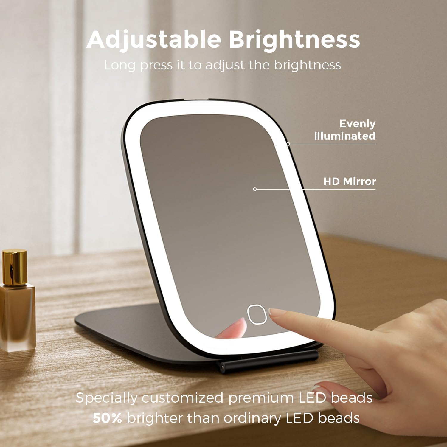 Rechargeable Travel Mirror with Light, Portable Mirror, 3 Color Light, 7.5 inch LED Folding Makeup Mirror (Black)