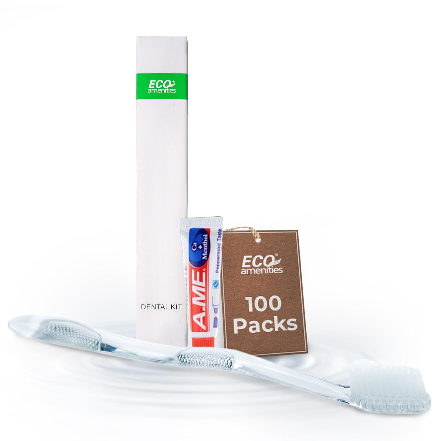 ECO amenities Bulk Travel Toothbrush & Toothpaste Kit - 100 Count, Transparent, Peppermint - Disposable Hotel Dental Kit