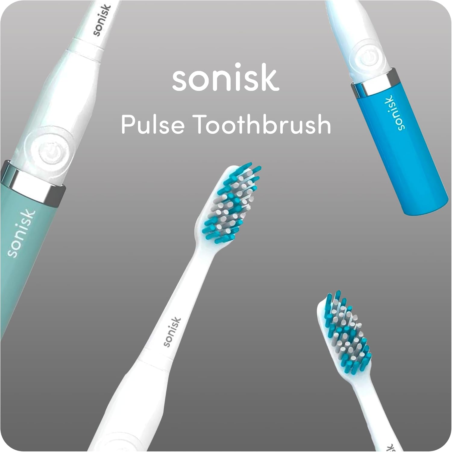 Sonisk Pulse | Battery Powered Electric Toothbrush | Sonic Technology | 1x Battery, 2X Brush Heads, 1x Travel Case Included | 31,000 Strokes Per Minute | Portable Size | Metallic Silver
